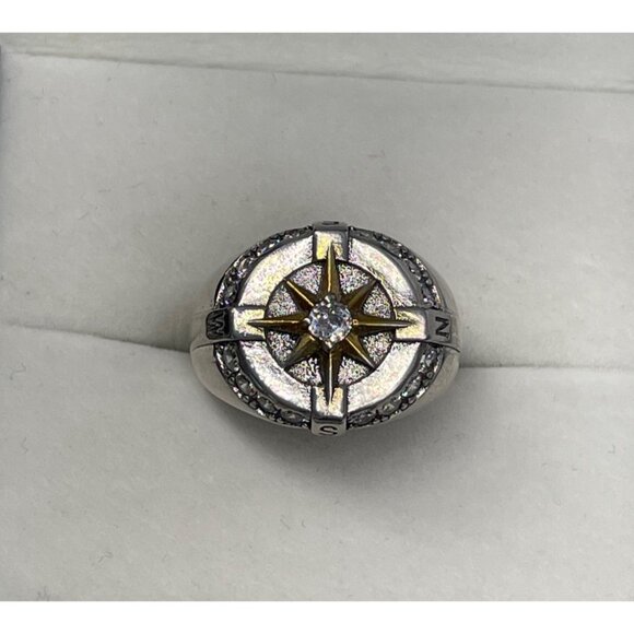 Sterling Silver Nautical North Star Compass Rose Ring S925 CZ Goldtone Accent - Picture 1 of 9
